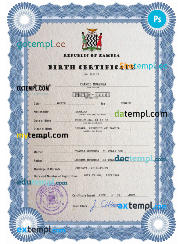 Zambia vital record birth certificate PSD template