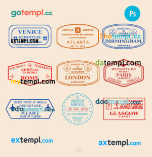 Atlanta London Glasgow travel stamp collection template of 9 PSD designs, with fonts