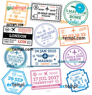 Delhi Moscow Berlin travel stamp collection template of 12 PSD designs, with fonts