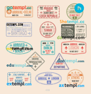 Delhi Tehran Dublin travel stamp collection template of 14 PSD designs, with fonts