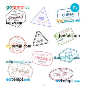 Germany USA China travel stamp collection template of 10 PSD designs, with fonts