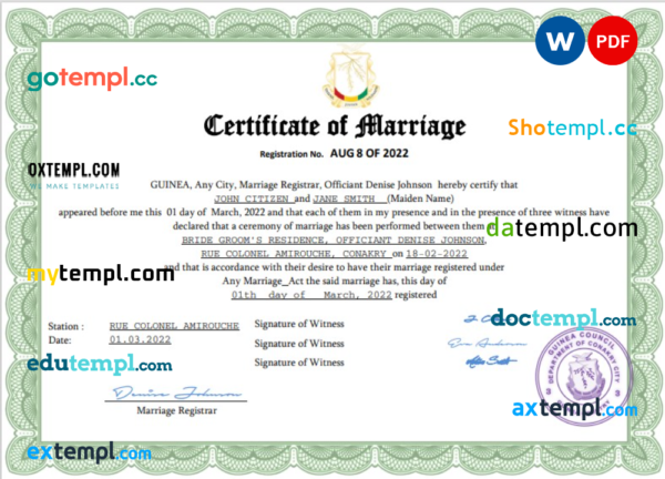 Guinea marriage certificate Word and PDF template, fully editable