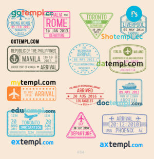 Hong-Kong Rome Toronto travel stamp collection template of 13 PSD designs, with fonts
