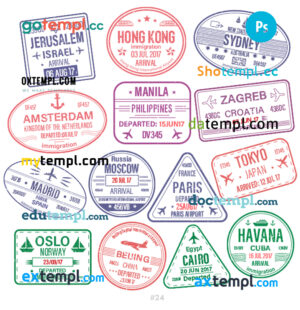 Israel Australia Cuba travel stamp collection template of 14 PSD designs, with fonts