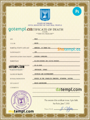Israel death certificate PSD template, completely editable