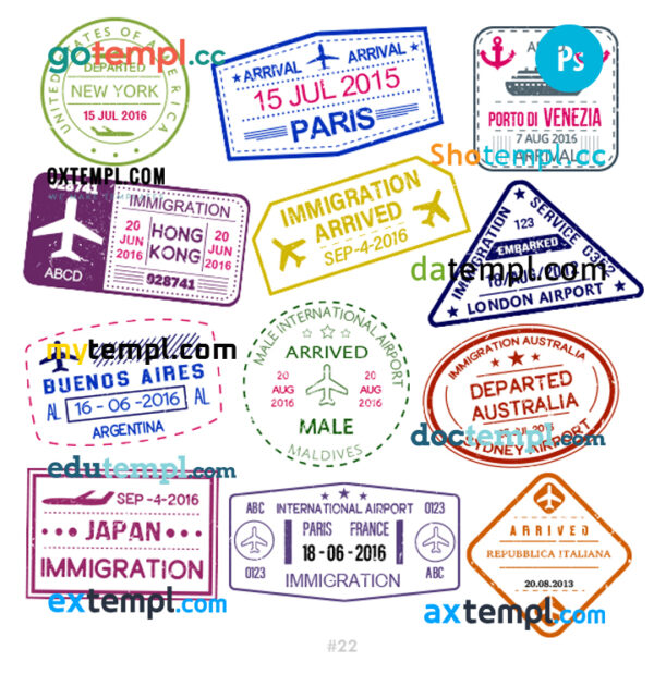 Italy Argentina Japan travel stamp collection template of 12 PSD designs, with fonts