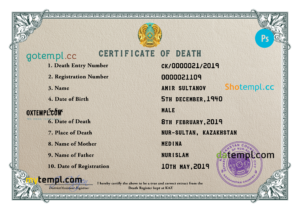 Kazakhstan death certificate PSD template, completely editable
