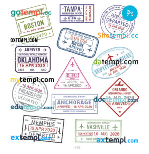 Massachusetts Florida Oklahoma travel stamp collection template of 12 PSD designs, with fonts