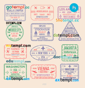 Mexico Washington New York travel stamp collection template of 12 PSD designs, with fonts