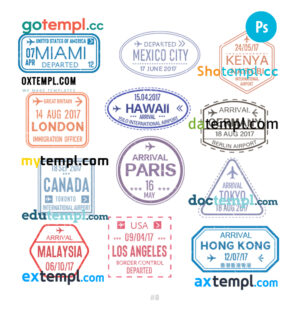 Miami Mexico city Nairobi travel stamp collection template of 12 PSD designs, with fonts
