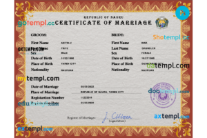 Nauru marriage certificate PSD template, fully editable