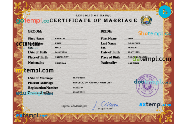 Nauru marriage certificate PSD template, fully editable
