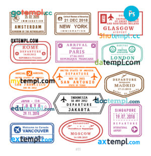 Netherlands USA Ireland travel stamp collection template of 14 PSD designs, with fonts