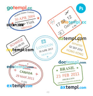 New York Geneva London travel stamp collection template of 7 PSD designs, with fonts