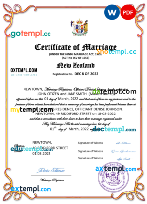 New Zealand marriage certificate Word and PDF template, completely editable
