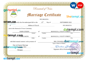 Nicaragua marriage certificate Word and PDF template, fully editable