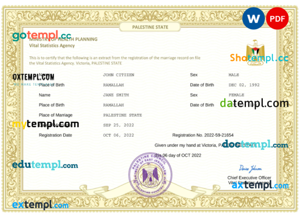 Palestine marriage certificate Word and PDF template, fully editable