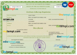 Peru marriage certificate Word and PDF template, fully editable