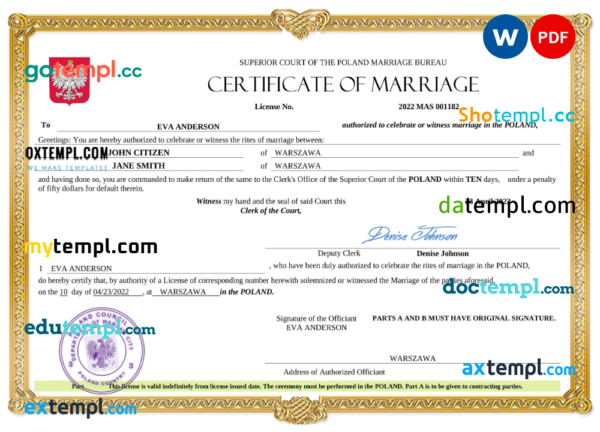 Poland marriage certificate Word and PDF template, fully editable