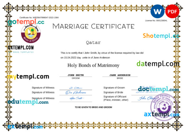 Qatar marriage certificate Word and PDF template, fully editable