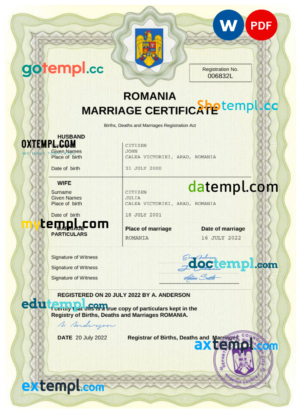 Romania marriage certificate Word and PDF template, completely editable