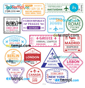 Russia Brazil Canada travel stamp collection template of 17 PSD designs, with fonts
