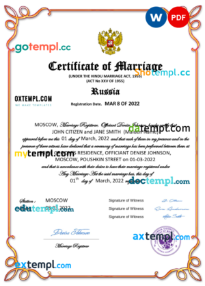 Russia marriage certificate Word and PDF template, fully editable
