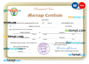 Rwanda marriage certificate Word and PDF template, completely editable