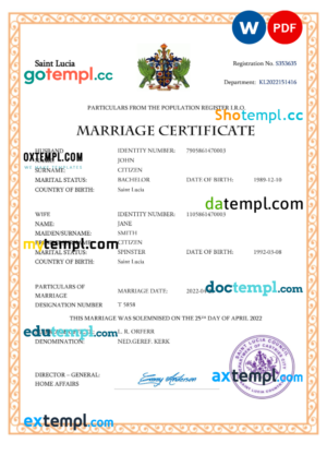 Saint Lucia marriage certificate Word and PDF template, completely editable