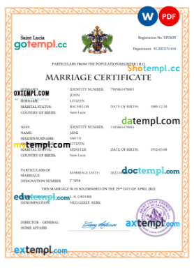 Saint Lucia marriage certificate Word and PDF template, completely editable