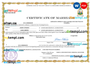Saint Vincent and Grenadies marriage certificate Word and PDF template, fully editable