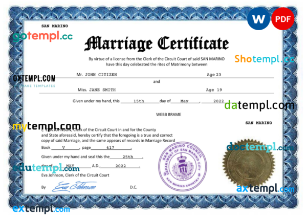 San Marino marriage certificate Word and PDF template, completely editable