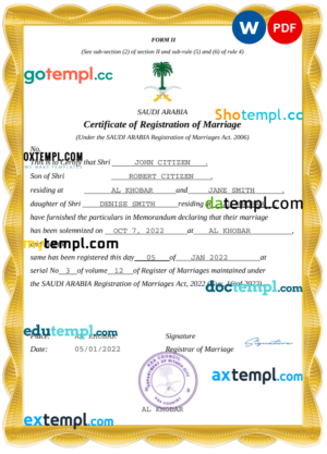 Saudi Arabia marriage certificate Word and PDF template, completely editable