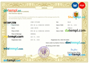 Senegal marriage certificate Word and PDF template, fully editable