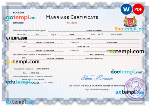 Singapore marriage certificate Word and PDF template, fully editable
