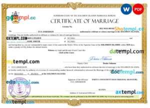 Solomon Islands marriage certificate Word and PDF template, completely editable