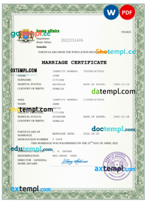 Somalia marriage certificate Word and PDF template, fully editable