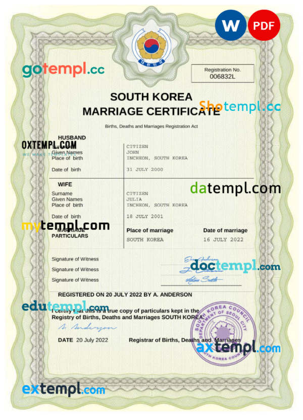 South Korea marriage certificate Word and PDF template, fully editable
