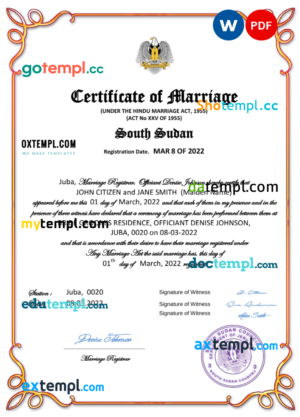 South Sudan marriage certificate Word and PDF template, completely editable