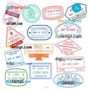 Spain Pakistan Korea travel stamp collection template of 14 PSD designs, with fonts