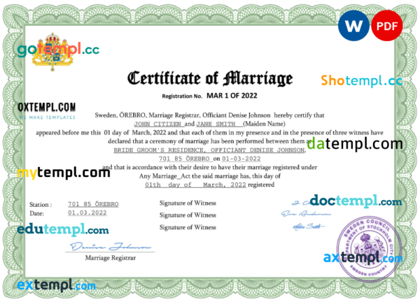 Sweden marriage certificate Word and PDF template, fully editable