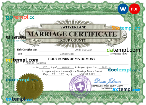 Switzerland marriage certificate Word and PDF template, completely editable