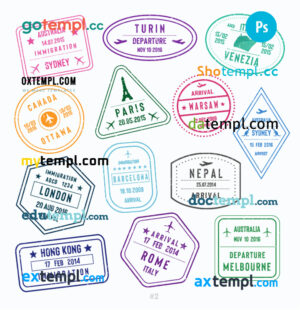 Sydney Turin Venezia travel stamp collection template of 13 PSD designs, with fonts
