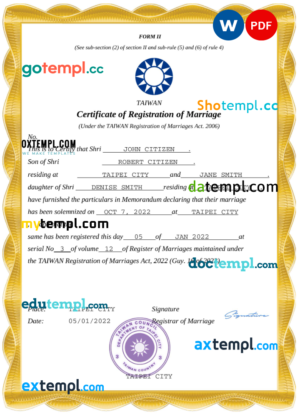 Taiwan marriage certificate Word and PDF template, completely editable