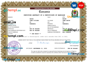 Tanzania marriage certificate Word and PDF template, completely editable