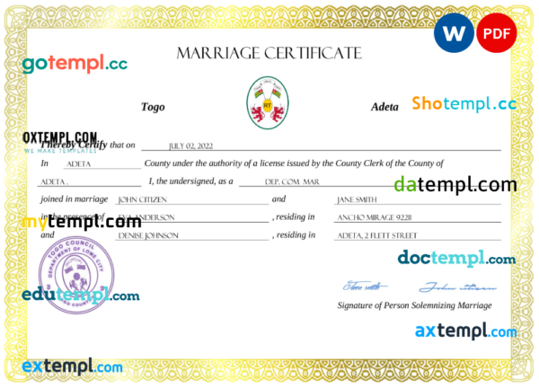 Togo marriage certificate Word and PDF template, fully editable