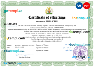 United Kingdom marriage certificate Word and PDF template, fully editable
