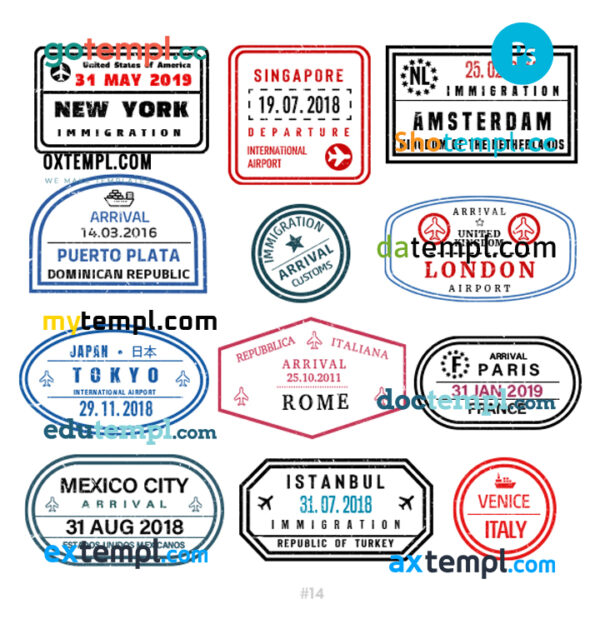 USA Singapore Turkey travel stamp collection template of 12 PSD designs, with fonts