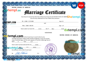 USA marriage certificate Word and PDF template, completely editable