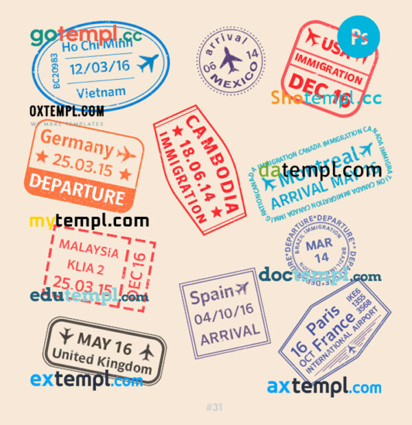 Vietnam Mexico France travel stamp collection template of 11 PSD designs, with fonts
